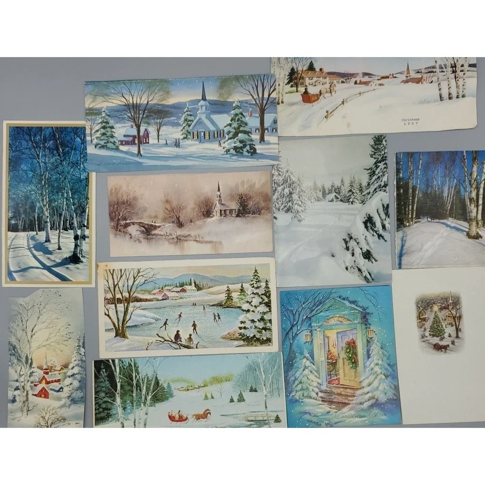 11 Old Vintage Used‎ Christmas Card Fronts for Crafts Winter Snow Country Woods